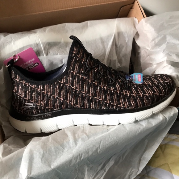 black and rose gold skechers